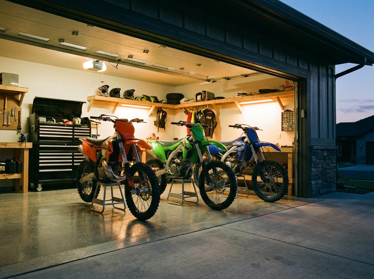 Three dirt bikes parked side by side in a clean home garage at dusk