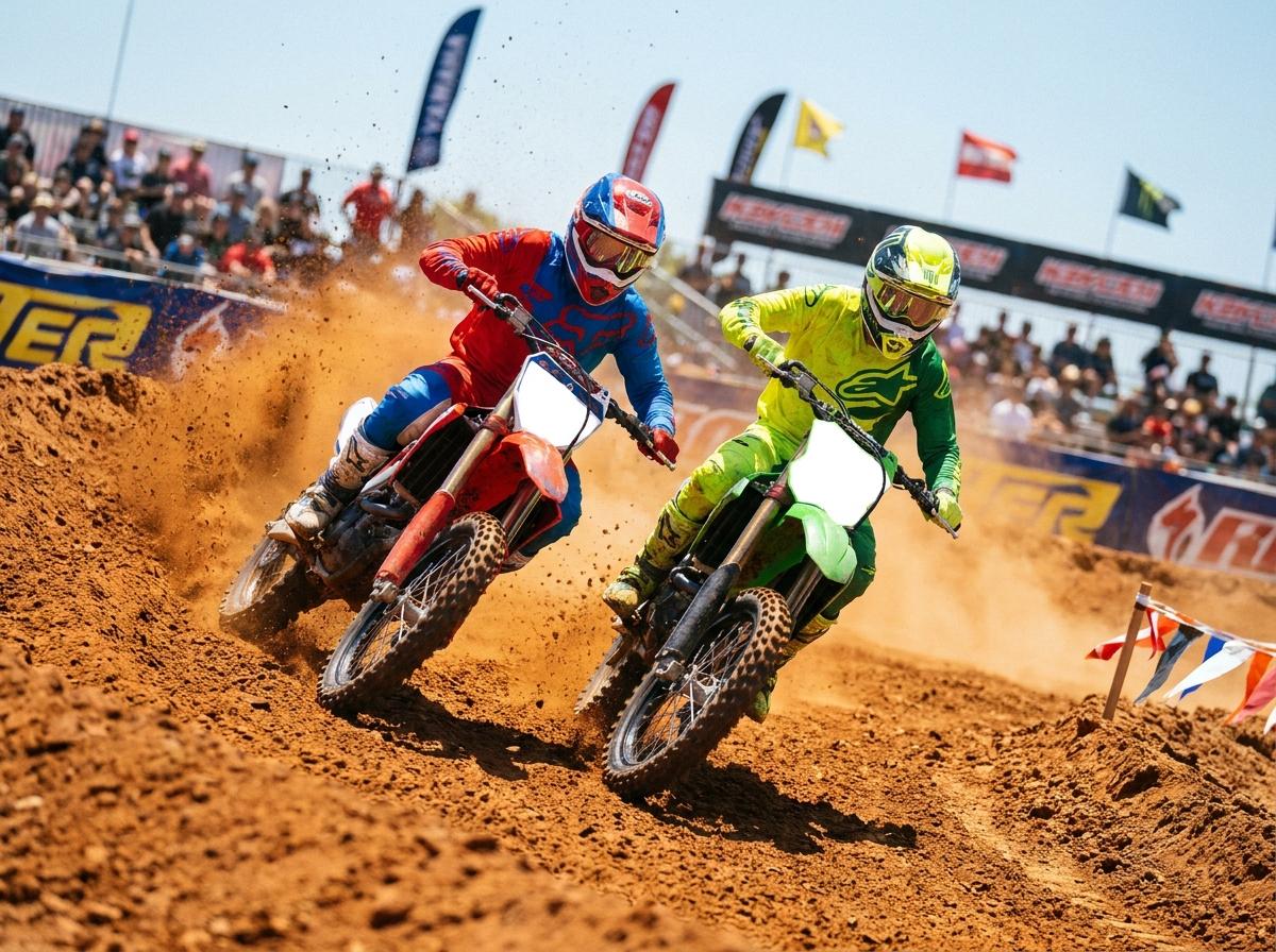 Two motocross riders racing through a banked dirt turn