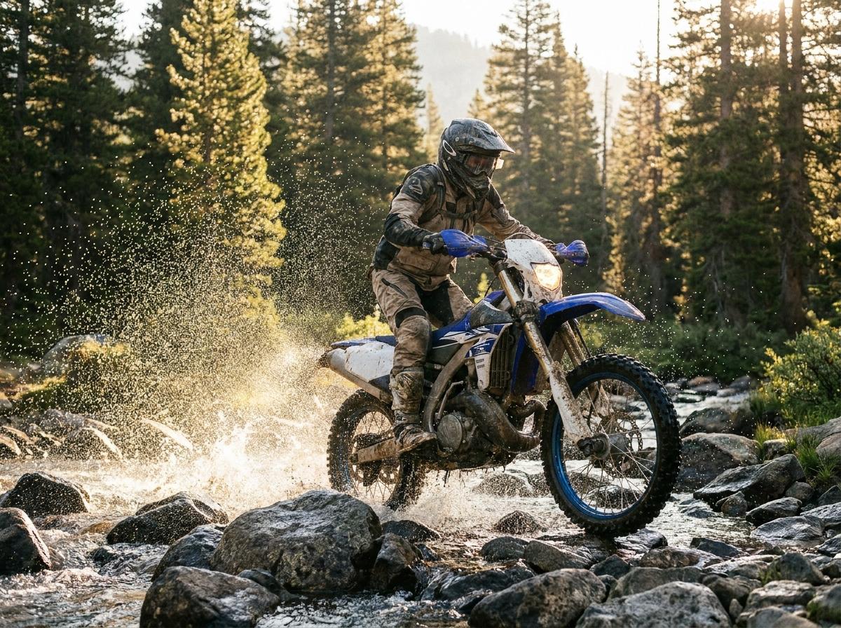 Enduro rider crossing a rocky mountain creek