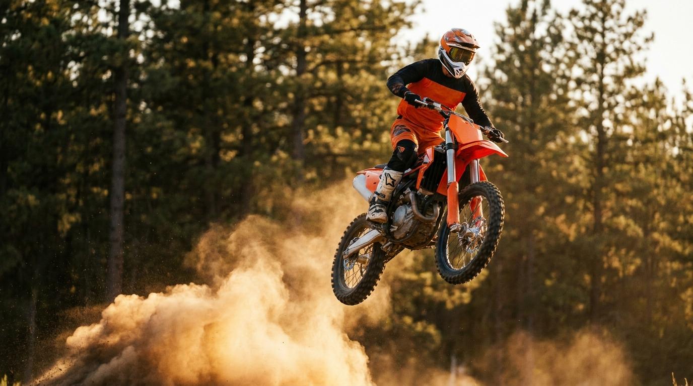 Motocross rider mid-jump on an orange 450cc dirt bike at sunset